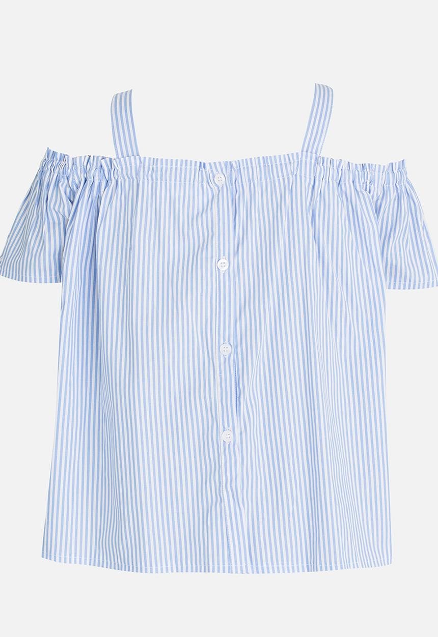 Pop Candy - Stripe Print Off Shoulder Top Blue