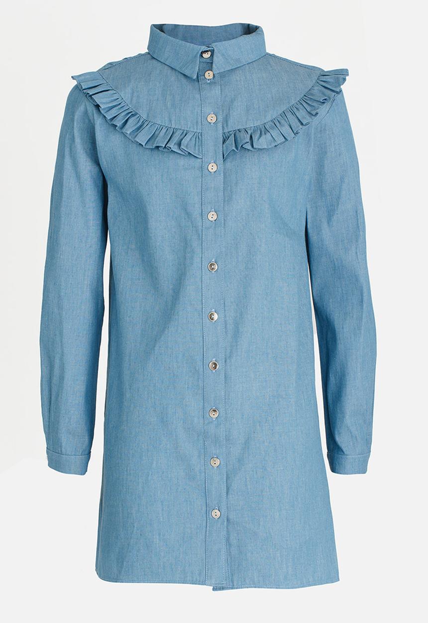 Rebel Republic - Frill Shirt Dress Mid Blue