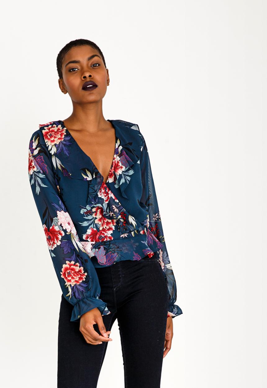 Forever21 - Printed Wrap Blouse Navy