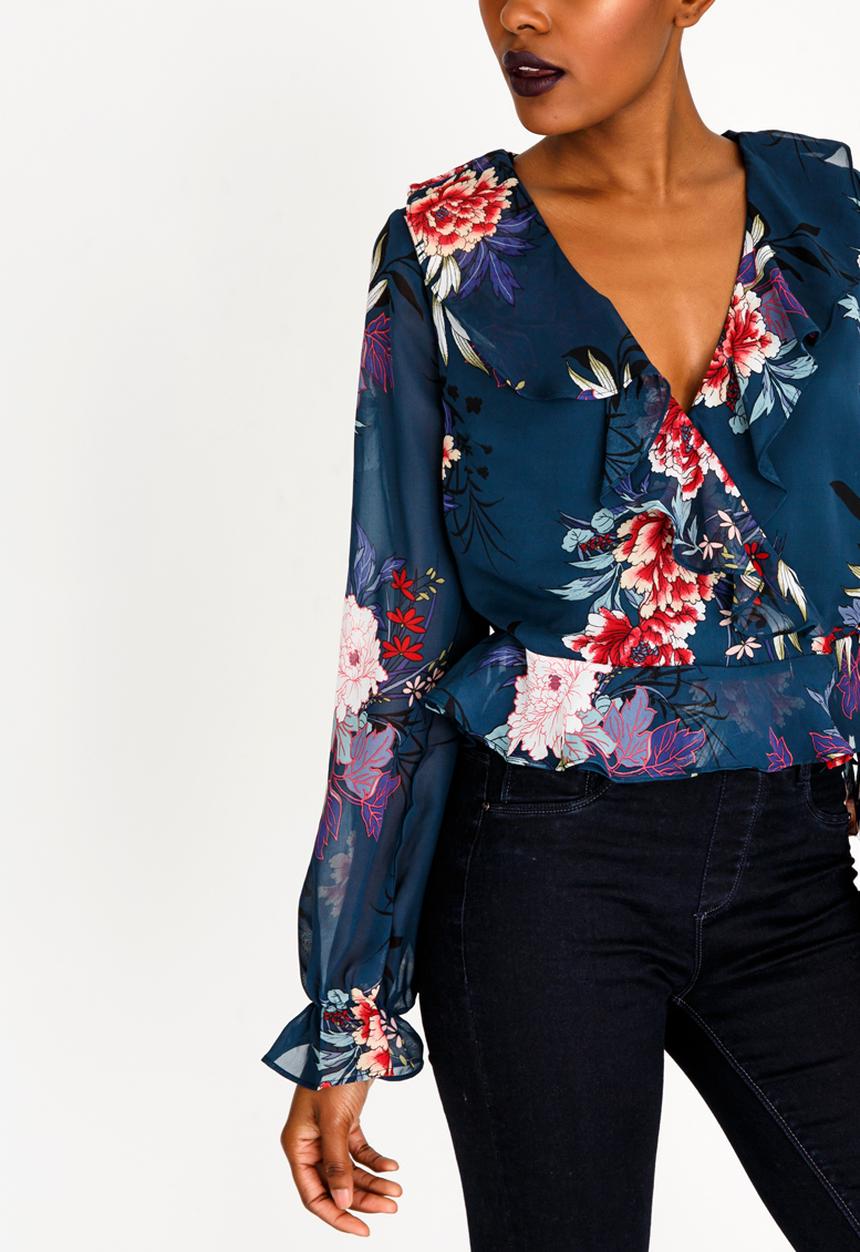 Forever21 - Printed Wrap Blouse Navy