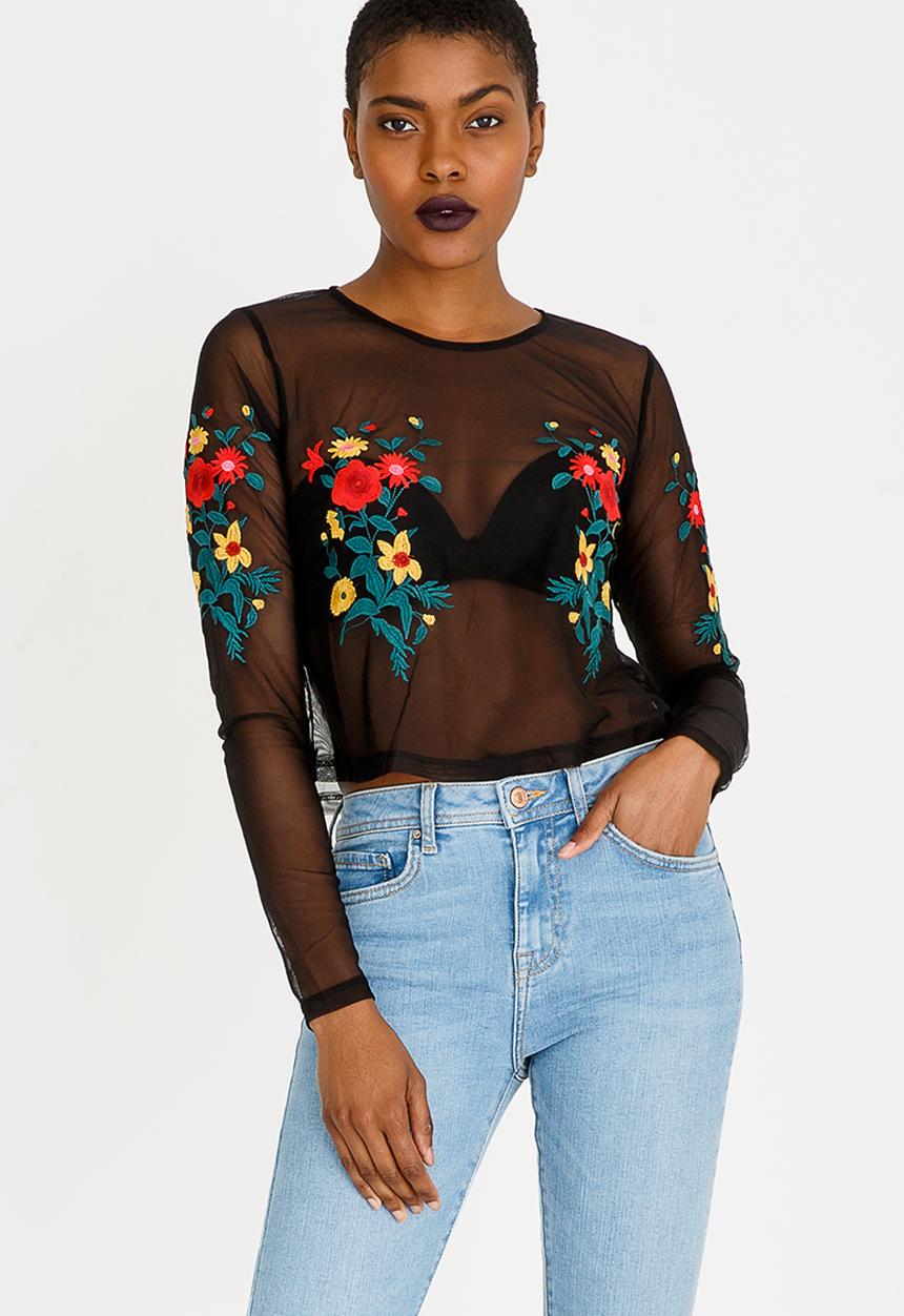 Forever21 - Embroidered Sheer Top Black