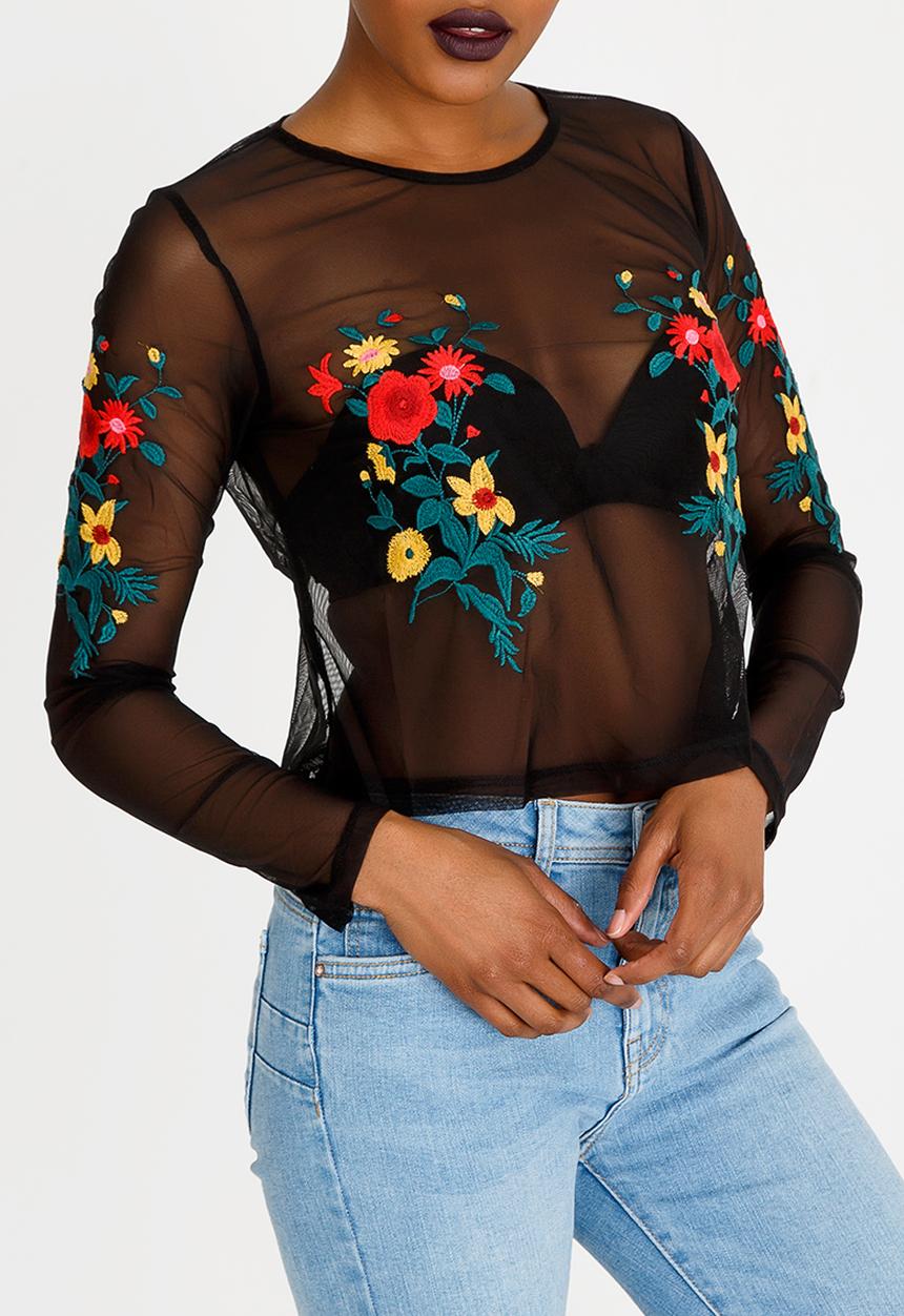 Forever21 - Embroidered Sheer Top Black