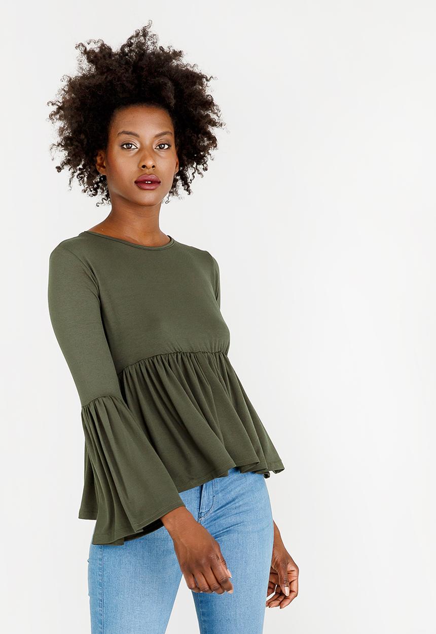 c(inch) - Volume Peplum Top Dark Green