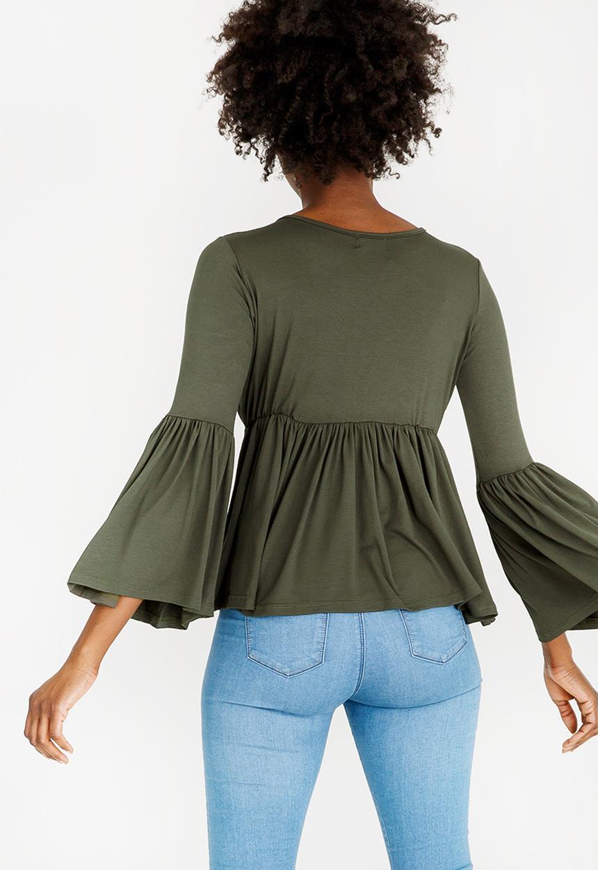 c(inch) - Volume Peplum Top Dark Green