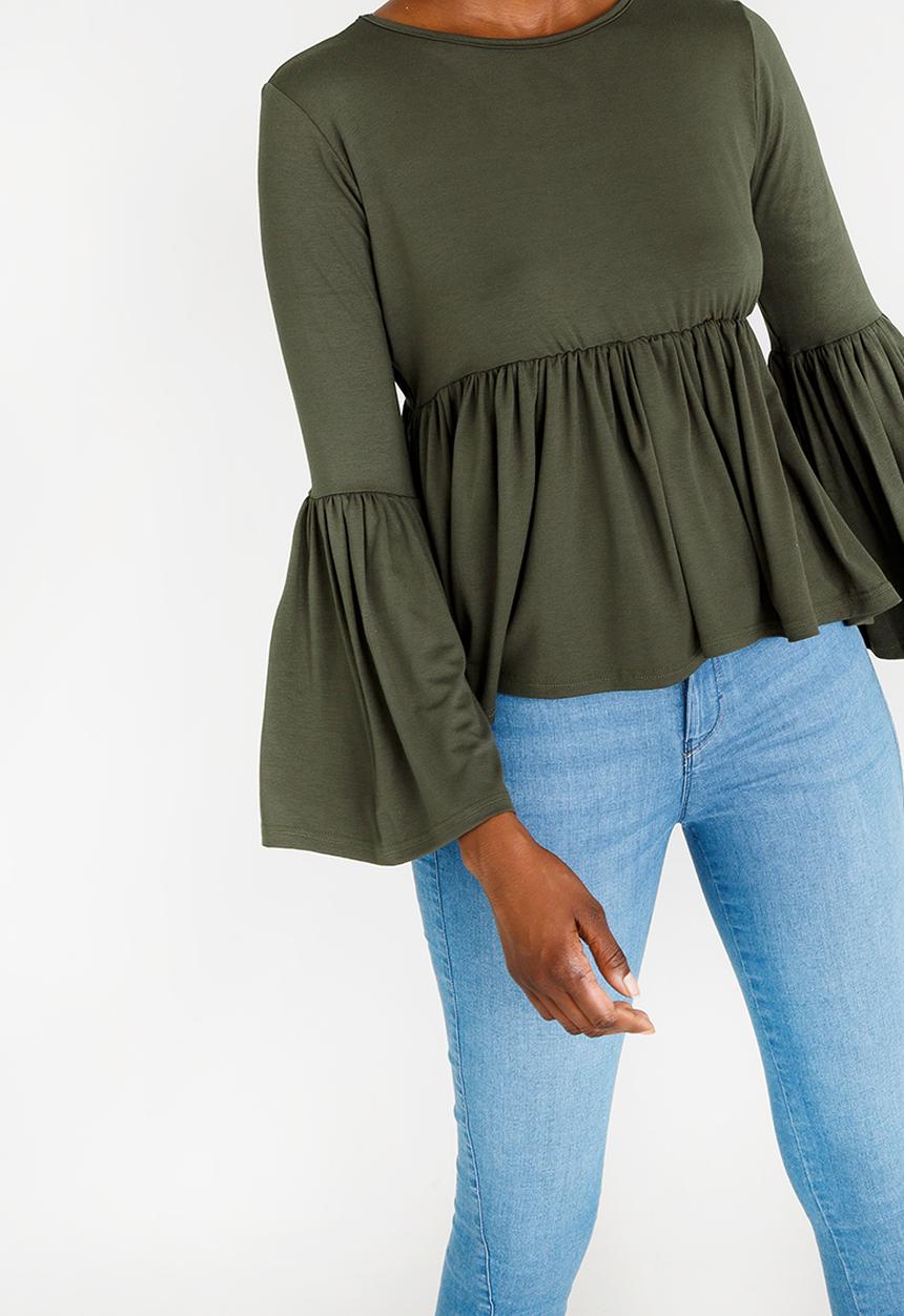 c(inch) - Volume Peplum Top Dark Green