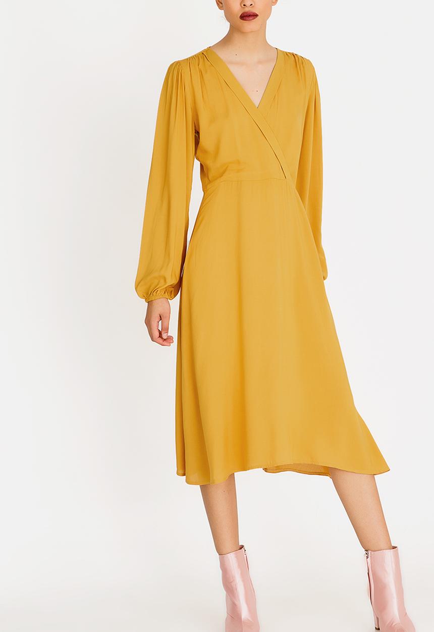 STYLE REPUBLIC - Volume Sleeve Mock Wrap Dress Yellow