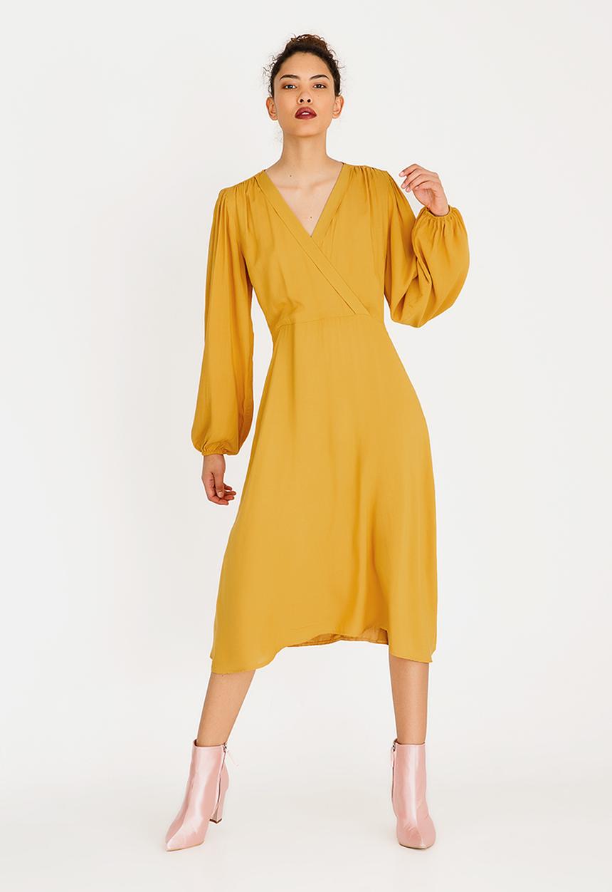 STYLE REPUBLIC - Volume Sleeve Mock Wrap Dress Yellow