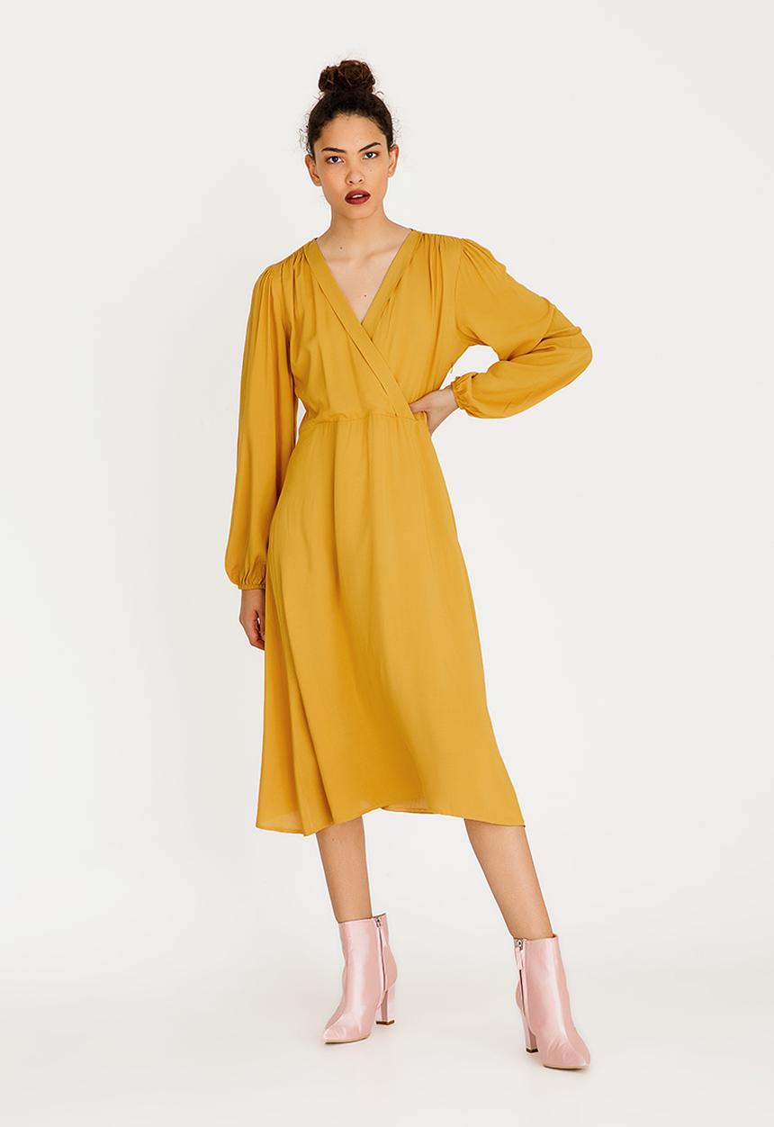STYLE REPUBLIC - Volume Sleeve Mock Wrap Dress Yellow