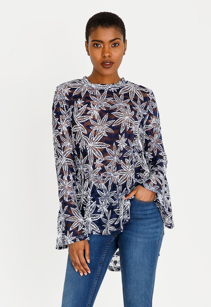 Revenge - Flare Sleeve Highneck Blouse Blue