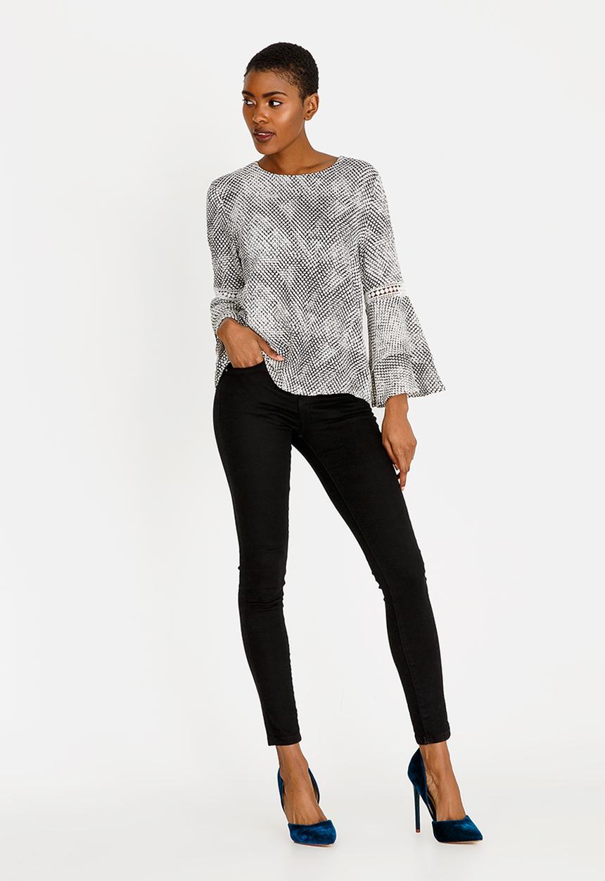 Revenge - Layered Sleeve Blouse with Crochet Inset Black and White