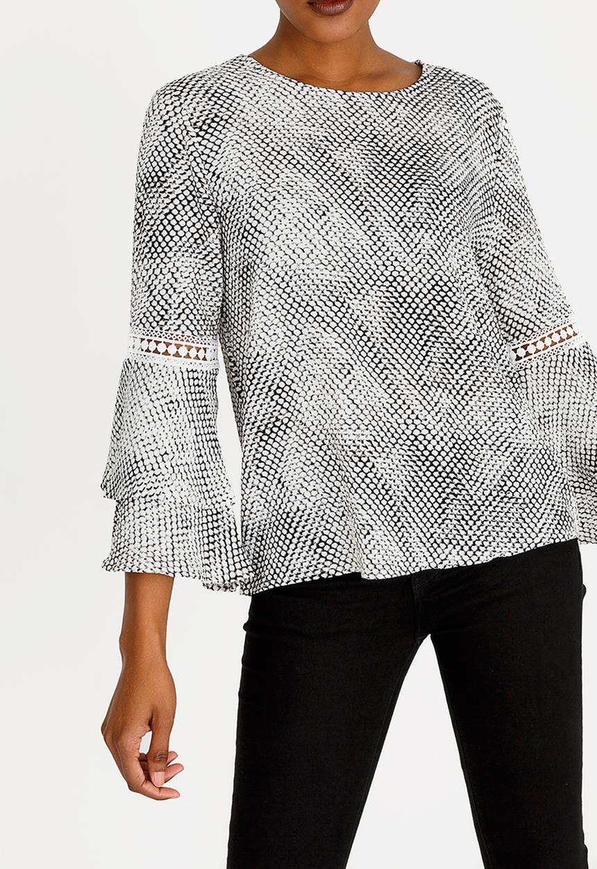 Revenge - Layered Sleeve Blouse with Crochet Inset Black and White