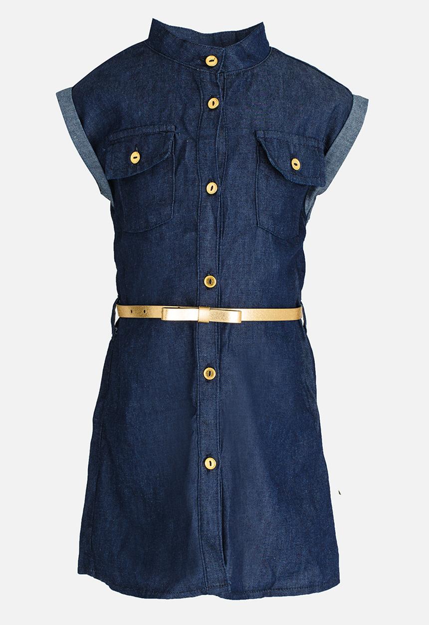 Twin Clothing - Front Button Belted Denim Dress Blue