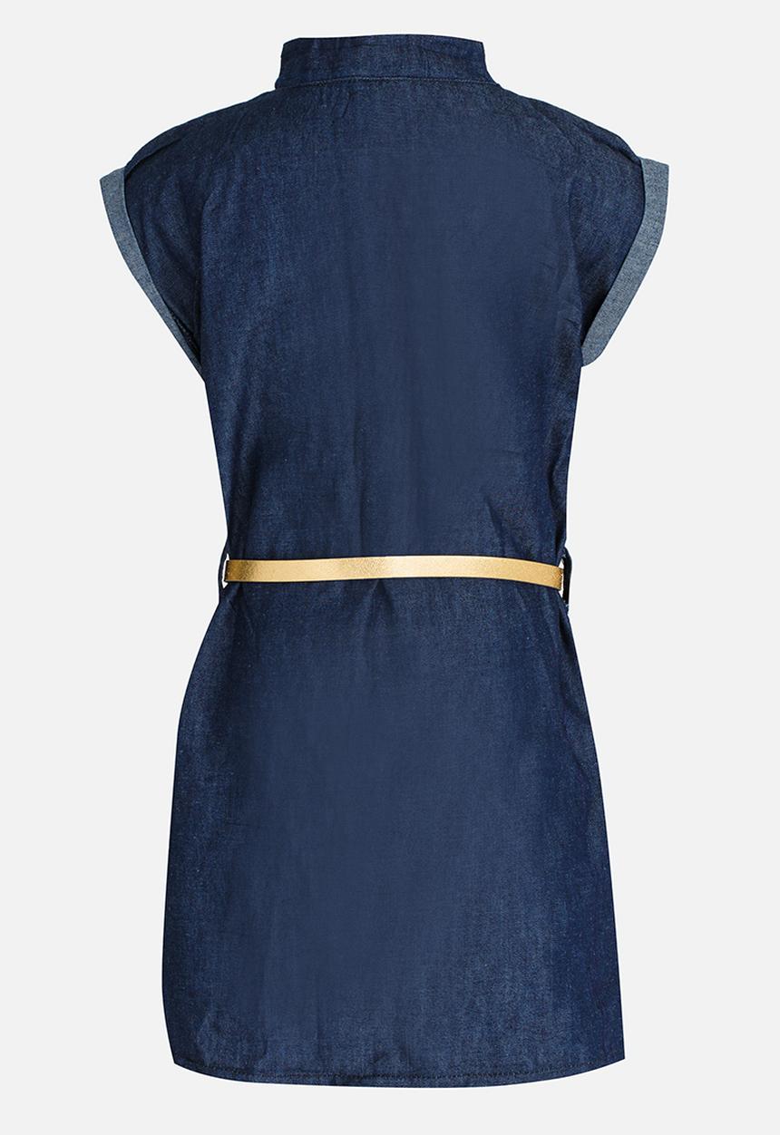 Twin Clothing - Front Button Belted Denim Dress Blue
