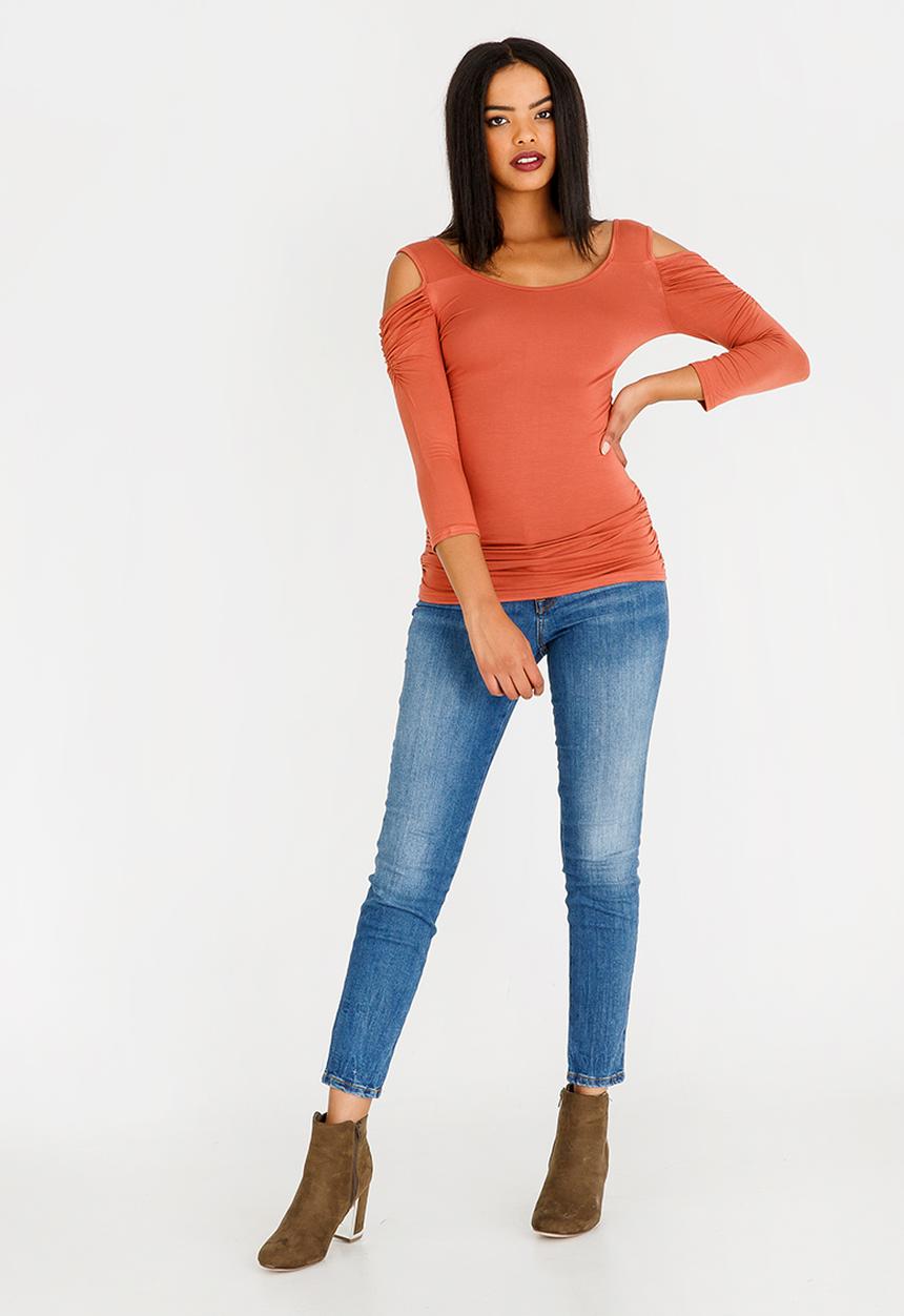 edit - 3/4 Sleeve Cold Shoulder Top Rust
