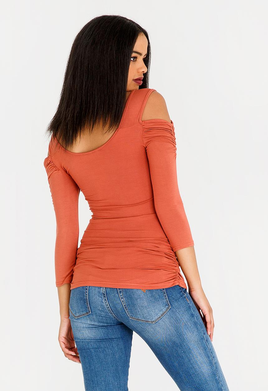 edit - 3/4 Sleeve Cold Shoulder Top Rust