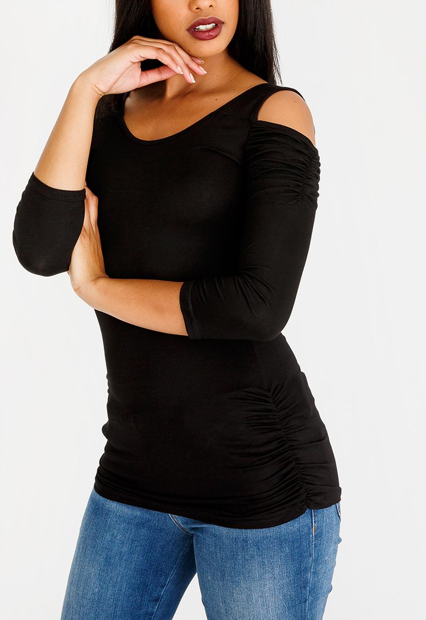 edit - 3/4 Sleeve Cold Shoulder Top Black