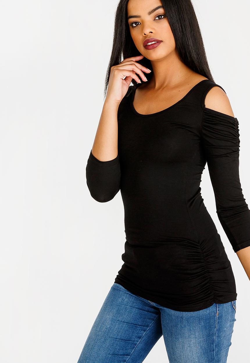 edit - 3/4 Sleeve Cold Shoulder Top Black