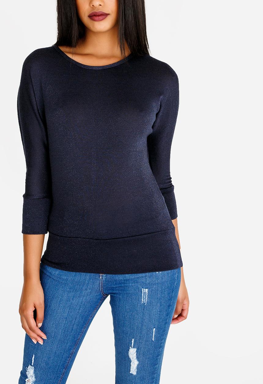 c(inch) - Lurex 3/4 Sleeve Top Navy