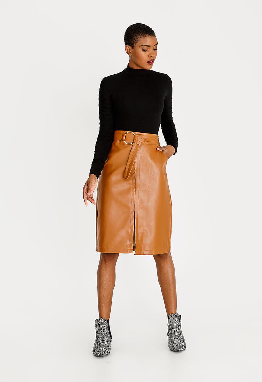 STYLE REPUBLIC - Belted Faux Leather Skirt Tan
