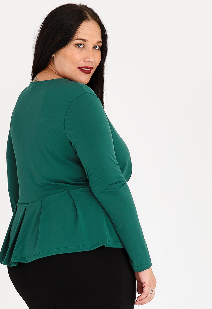 edit Plus - Pleated Peplum Top Dark Green
