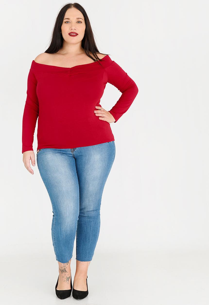 edit Plus - Cross Over Bardot Tee Red