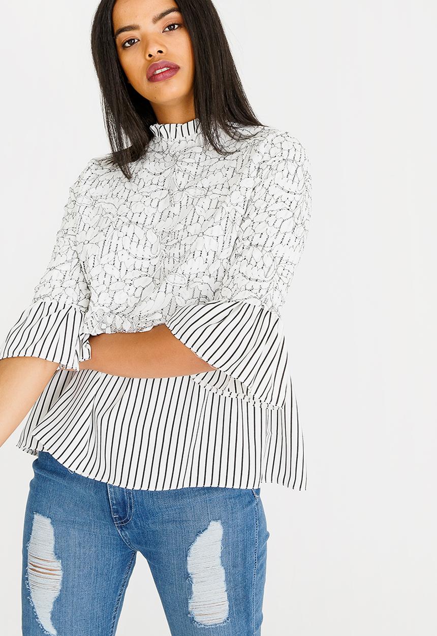 STYLE REPUBLIC - Lace Detail Babydoll Top Black and White