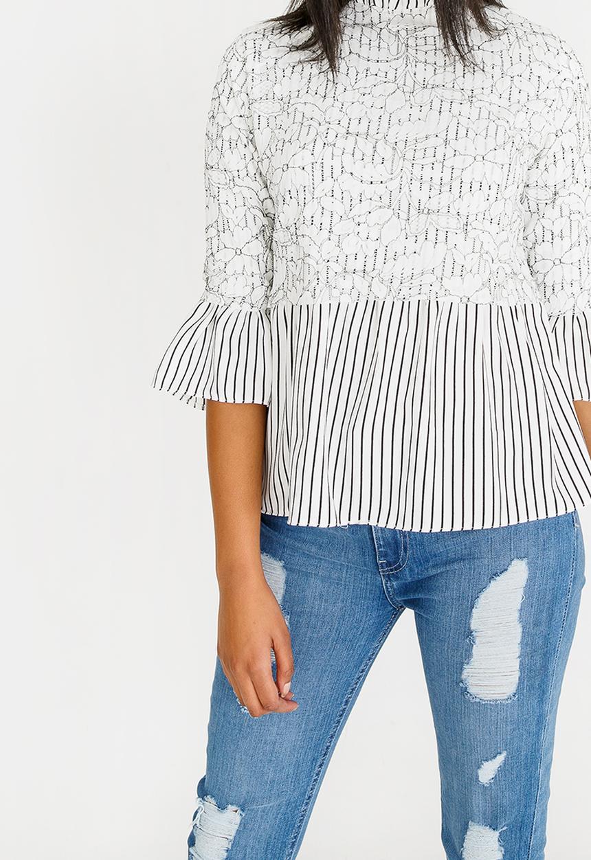 STYLE REPUBLIC - Lace Detail Babydoll Top Black and White