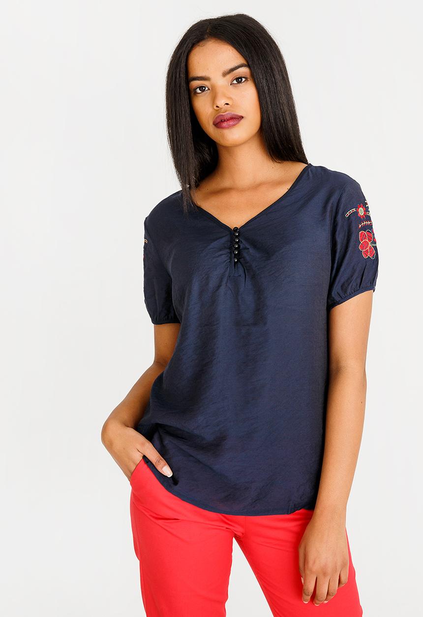 edit - V-neck Embroidered Detail Blouse Navy