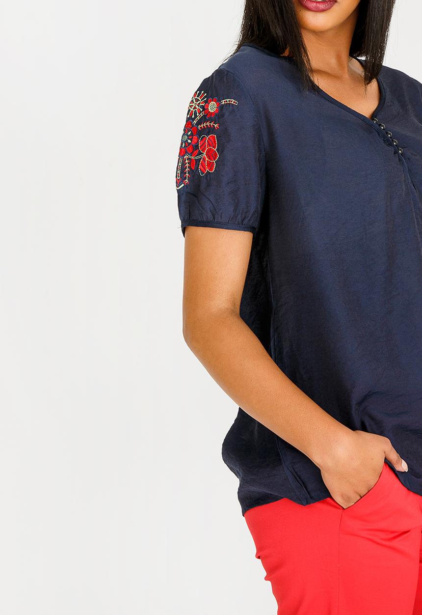 edit - V-neck Embroidered Detail Blouse Navy