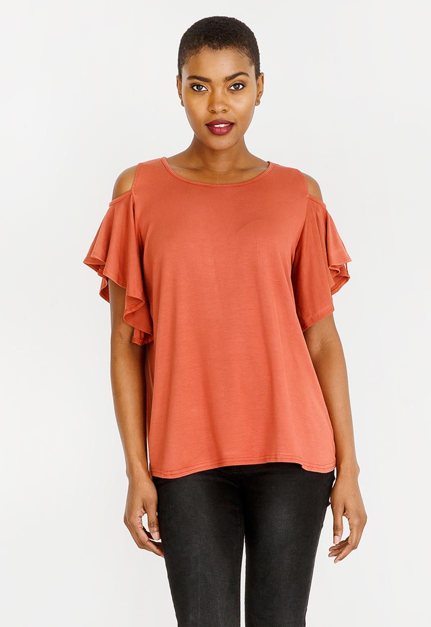 edit - Cold shoulder ruffle sleeve top - rust 