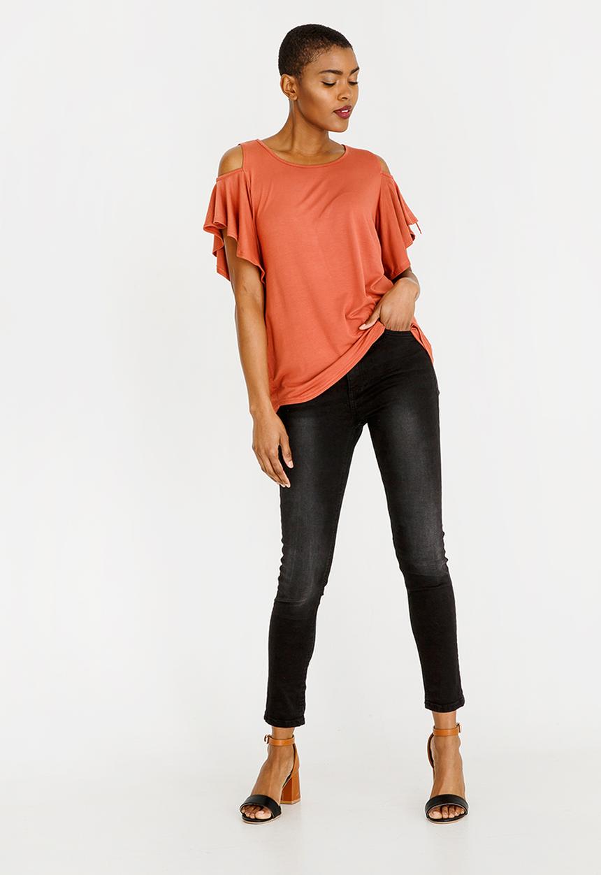 edit - Cold shoulder ruffle sleeve top - rust 
