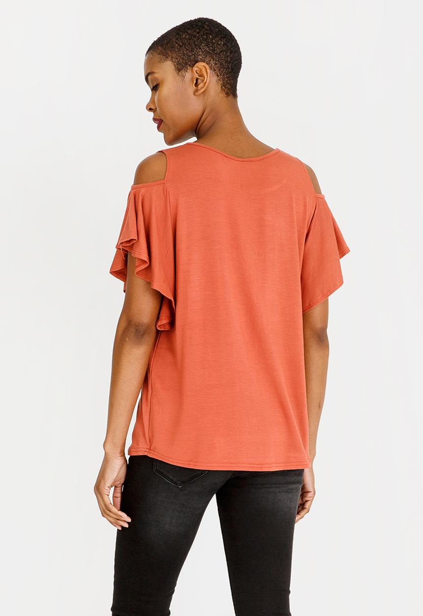 edit - Cold shoulder ruffle sleeve top - rust 