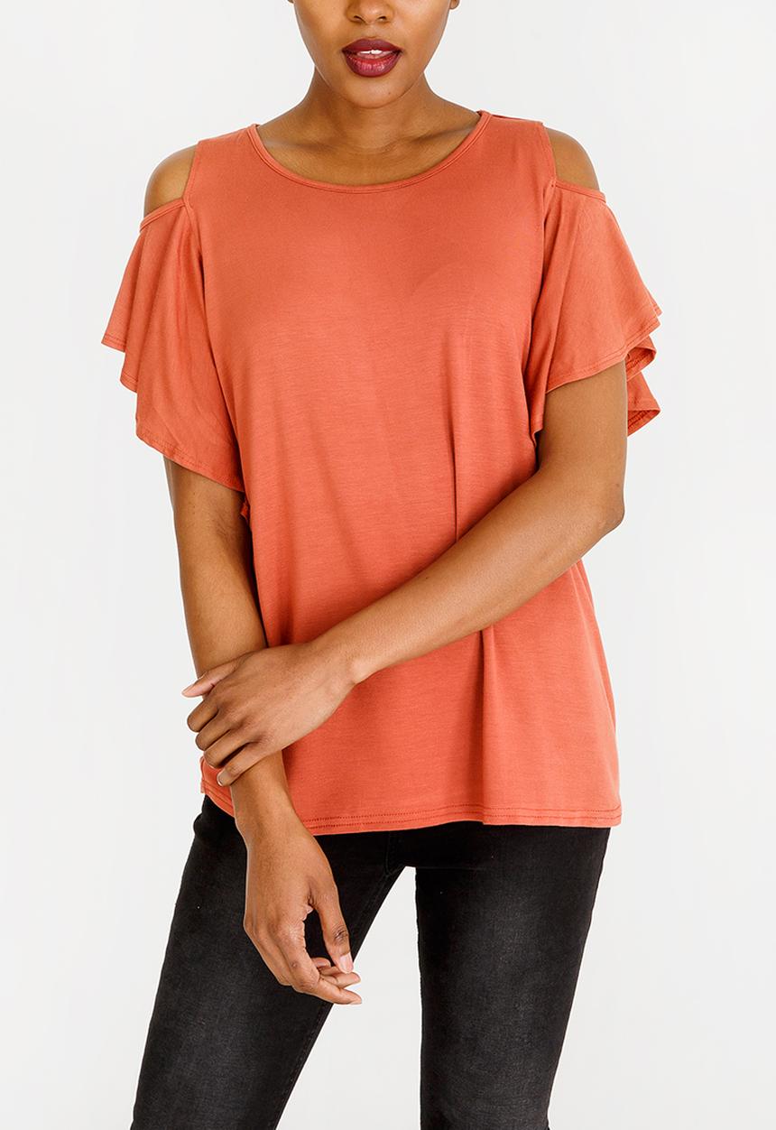 edit - Cold shoulder ruffle sleeve top - rust 