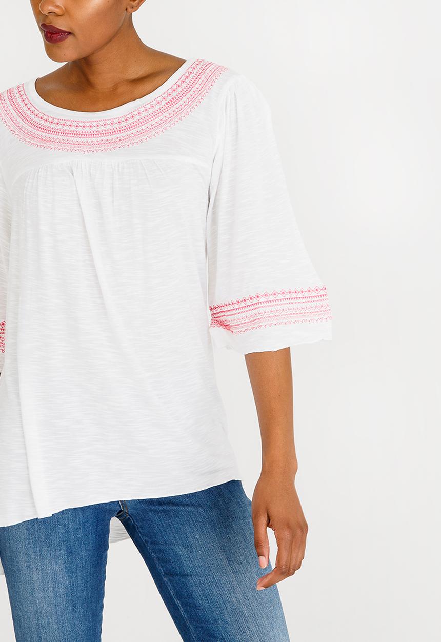 edit - 3/4 Sleeve Top with Embroidery Detail White