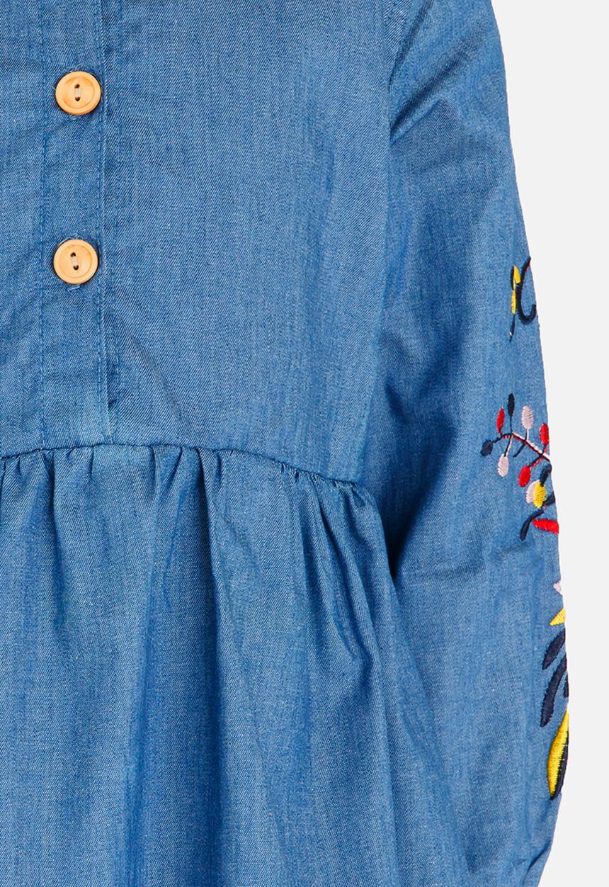 Pop Candy - Denim Dress with Embroidered Flowers Blue
