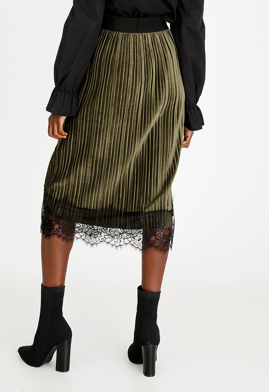 edit - Lace Trim Velour Skirt Dark Green