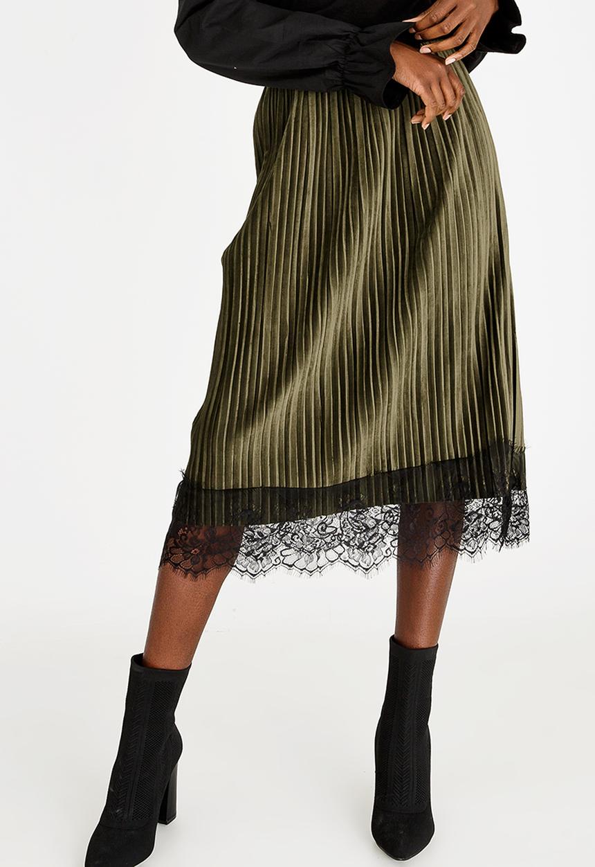 edit - Lace Trim Velour Skirt Dark Green