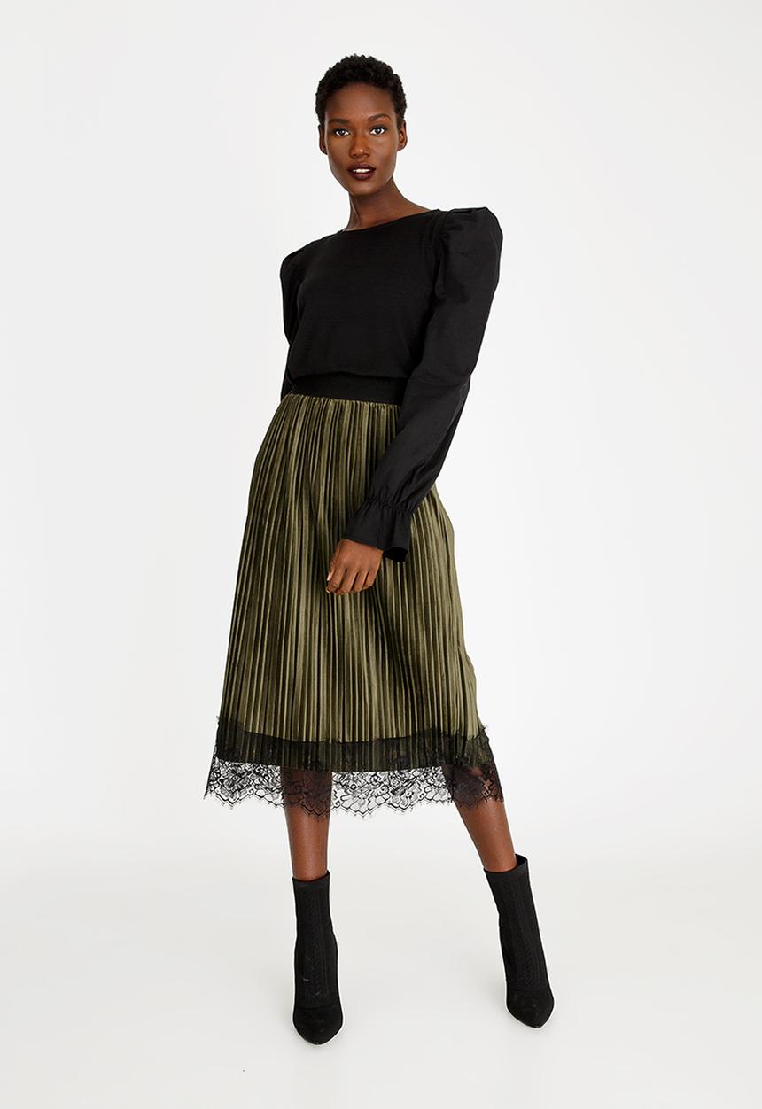 edit - Lace Trim Velour Skirt Dark Green