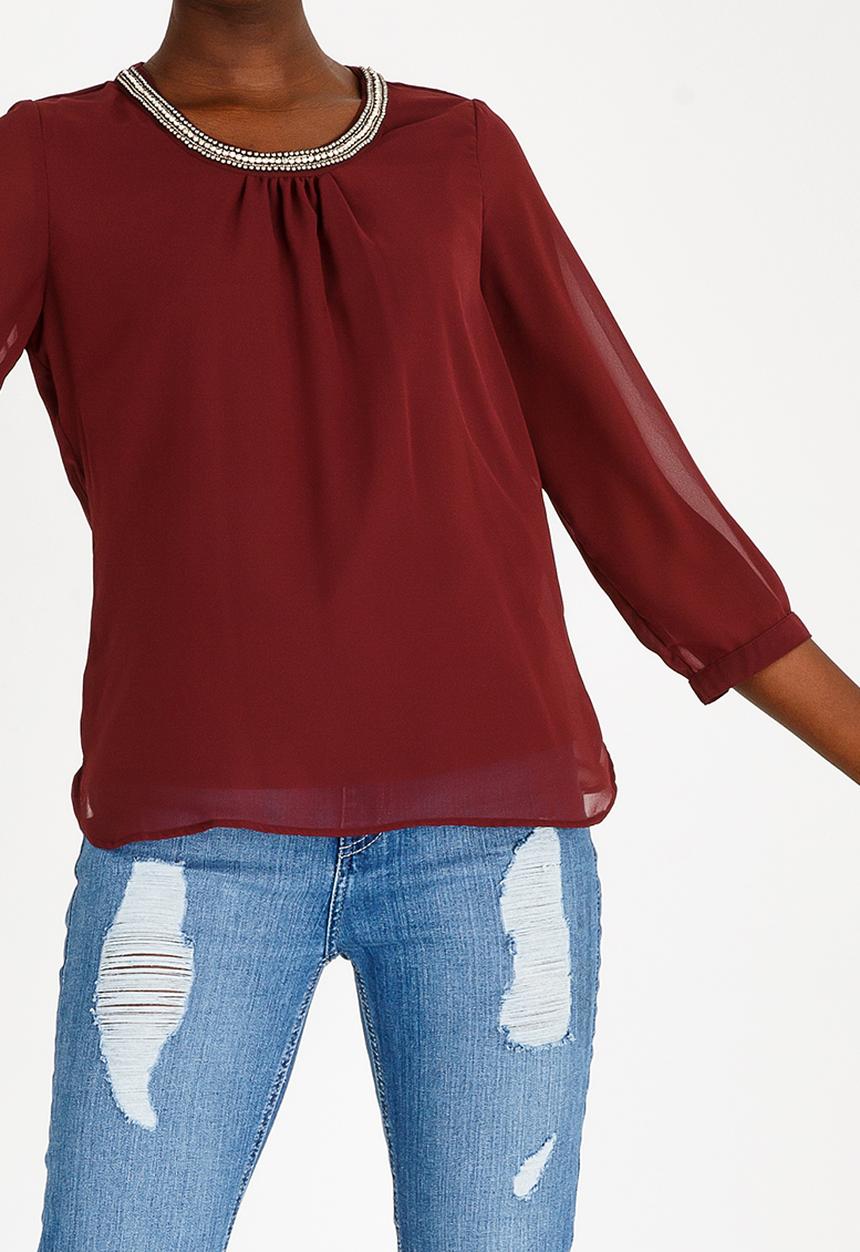 ONLY - Nete 3/4 Sleeve Top Burgundy