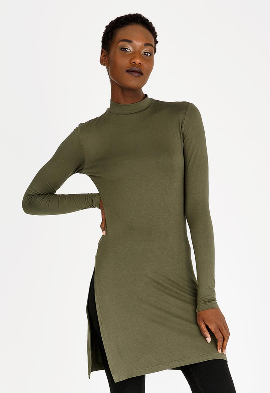 c(inch) - Longer Length Turtleneck Top Khaki Green