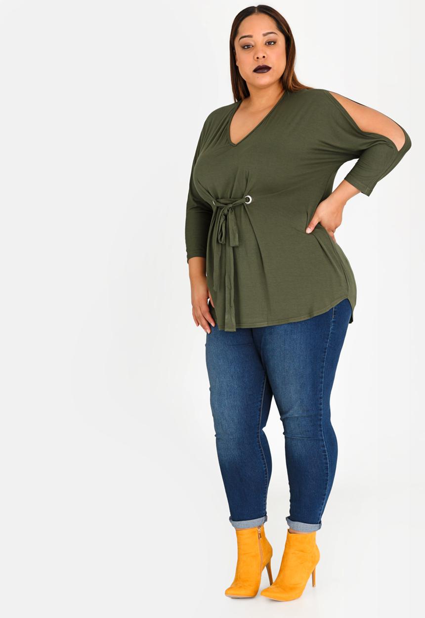 STYLE REPUBLIC PLUS - Eyelet Detail Tunic Khaki Green