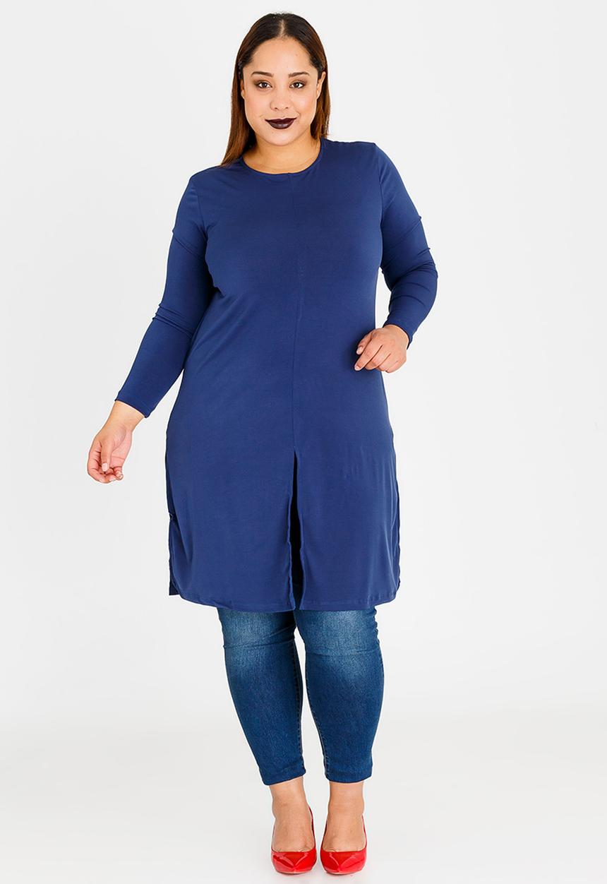 edit Plus - Long Sleeve Overlay Tunic with Slit Detail Navy