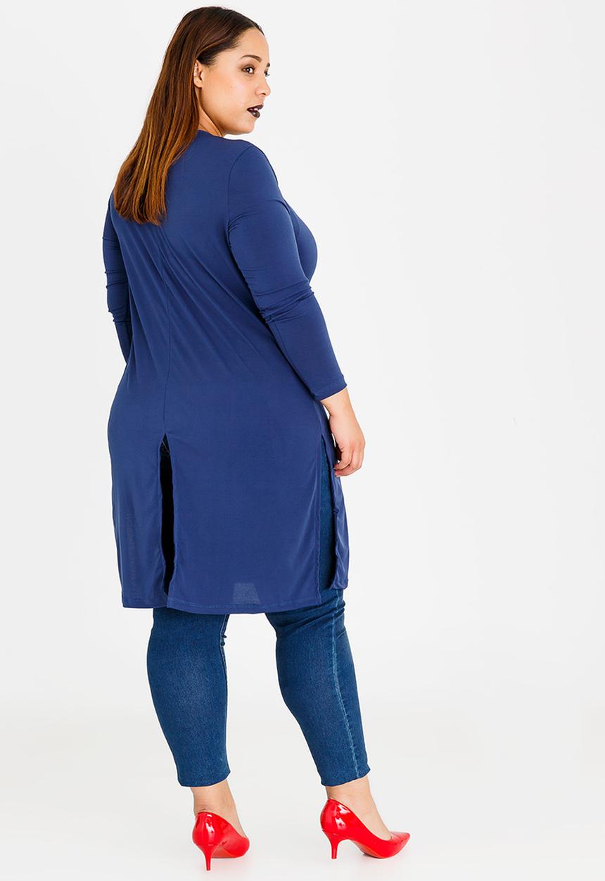 edit Plus - Long Sleeve Overlay Tunic with Slit Detail Navy