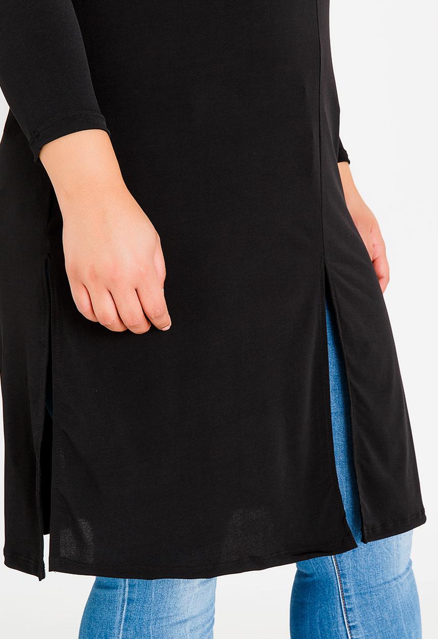 edit Plus - Long Sleeve Overlay Tunic with Slit Detail Black