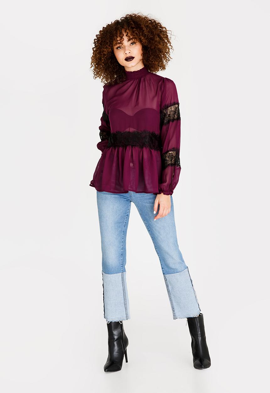 STYLE REPUBLIC - Lace Inset Blouse Burgundy