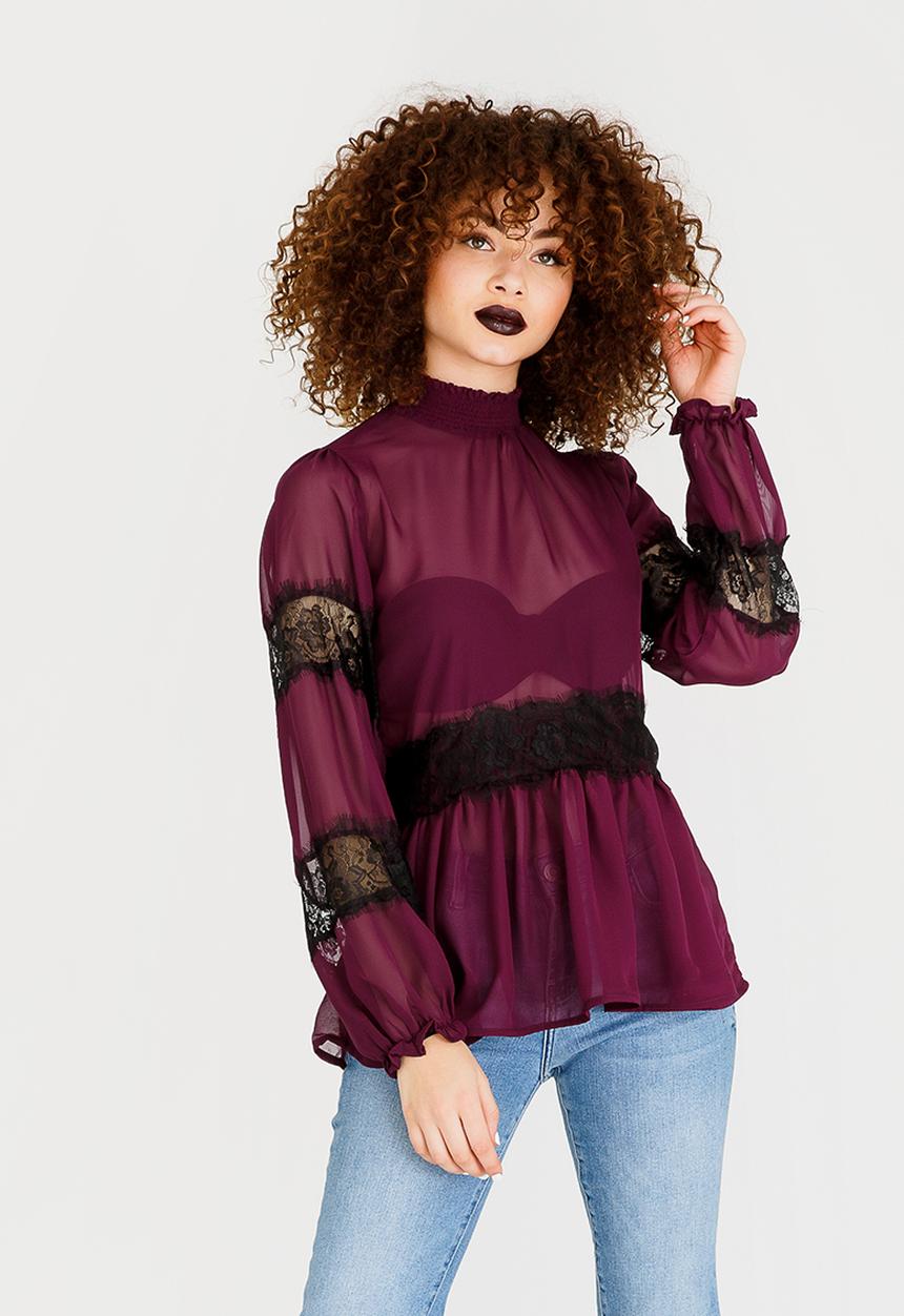 STYLE REPUBLIC - Lace Inset Blouse Burgundy