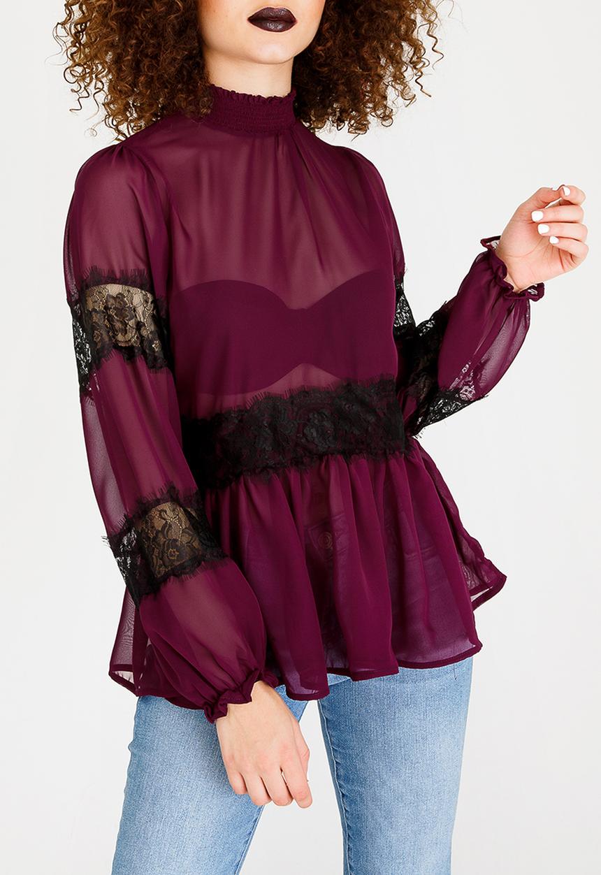STYLE REPUBLIC - Lace Inset Blouse Burgundy