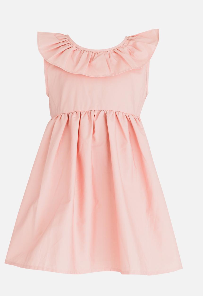 Pop Candy - Gathered Dress with Ruffle and Back Bow detail Mid Pink