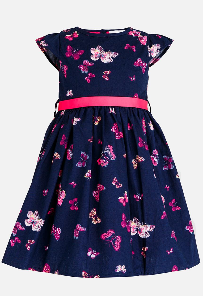 Pop Candy - Belted Butterfly Printed Dress Navy