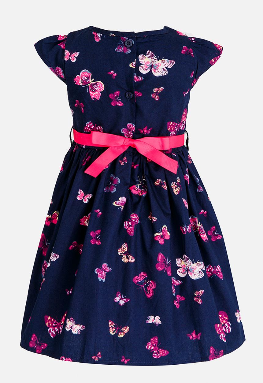 Pop Candy - Belted Butterfly Printed Dress Navy